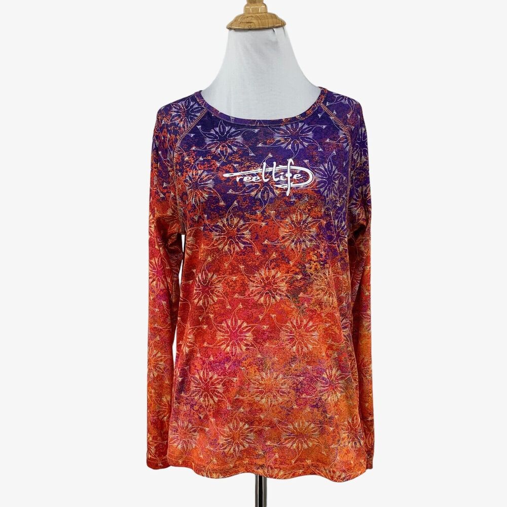 Reel Life Shirt Womens M Medium Multi Boho Long Sleeve Fishing Raglan Wicking